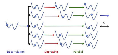 Illustration of the ParRep algorithm. An initial configuration is replicated over all available processors. The momenta on the new replicas are randomized and the dynamics propagated forward until the system has remained in the initial well for at least a time tc (dephasing stage). All replicas are then evolved independently until the first one observes a transition (parallel stage), at which point all replicas are halted. The replica where the transition occurred then evolves until it spends a time tc in the same well (decorrelation stage). At this point, the simulation times accumulated by all replicas during the parallel and decorrelation stages are added to the simulation clock, and the cycle is repeated. This allow simulation time to be accumulated in parallel, allowing for significant extension of the simulation timescales. By leveraging the concept of quasi-stationary distribution, a collaboration between applied mathematicians and domain scientists has demonstrated that the accuracy of trajectories generated by ParRep increases exponentially with tc, thereby preserving the exceptional predictive power of MD. Reproduced from Perez et al., Computational Materials Science 100, 90 (2015) 