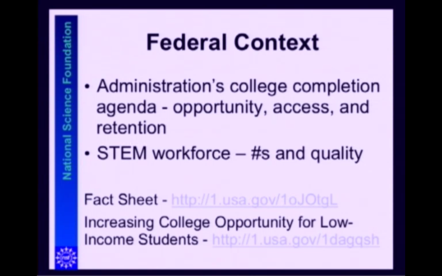 The recent announcement of NSF funding opportunities for "Increasing College Opportunity Through Improved Mathematics Success in the First Two Years of College", and other information about NSF Thumbnail