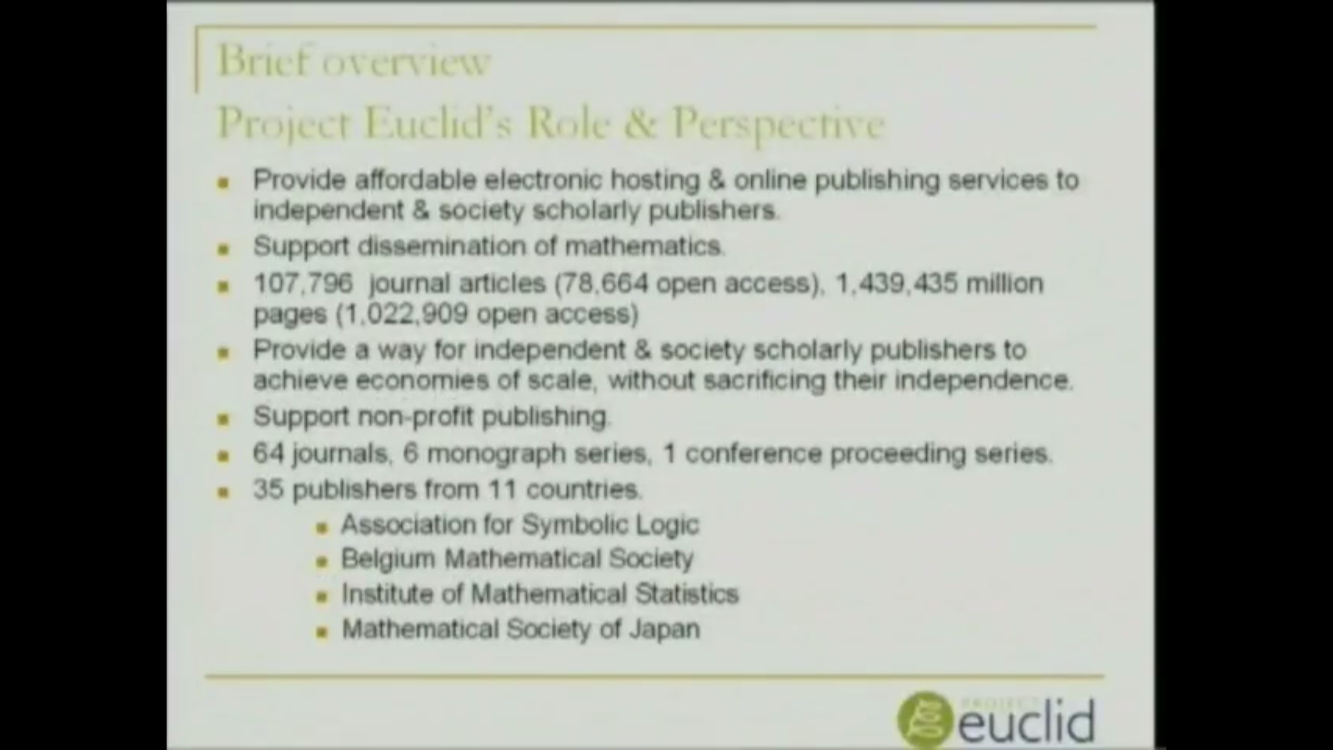 Workshop on Mathematical Journals, lec. 26 - Nonprofit Publishing: Juggling Resources and Balancing Conflicting Needs Thumbnail