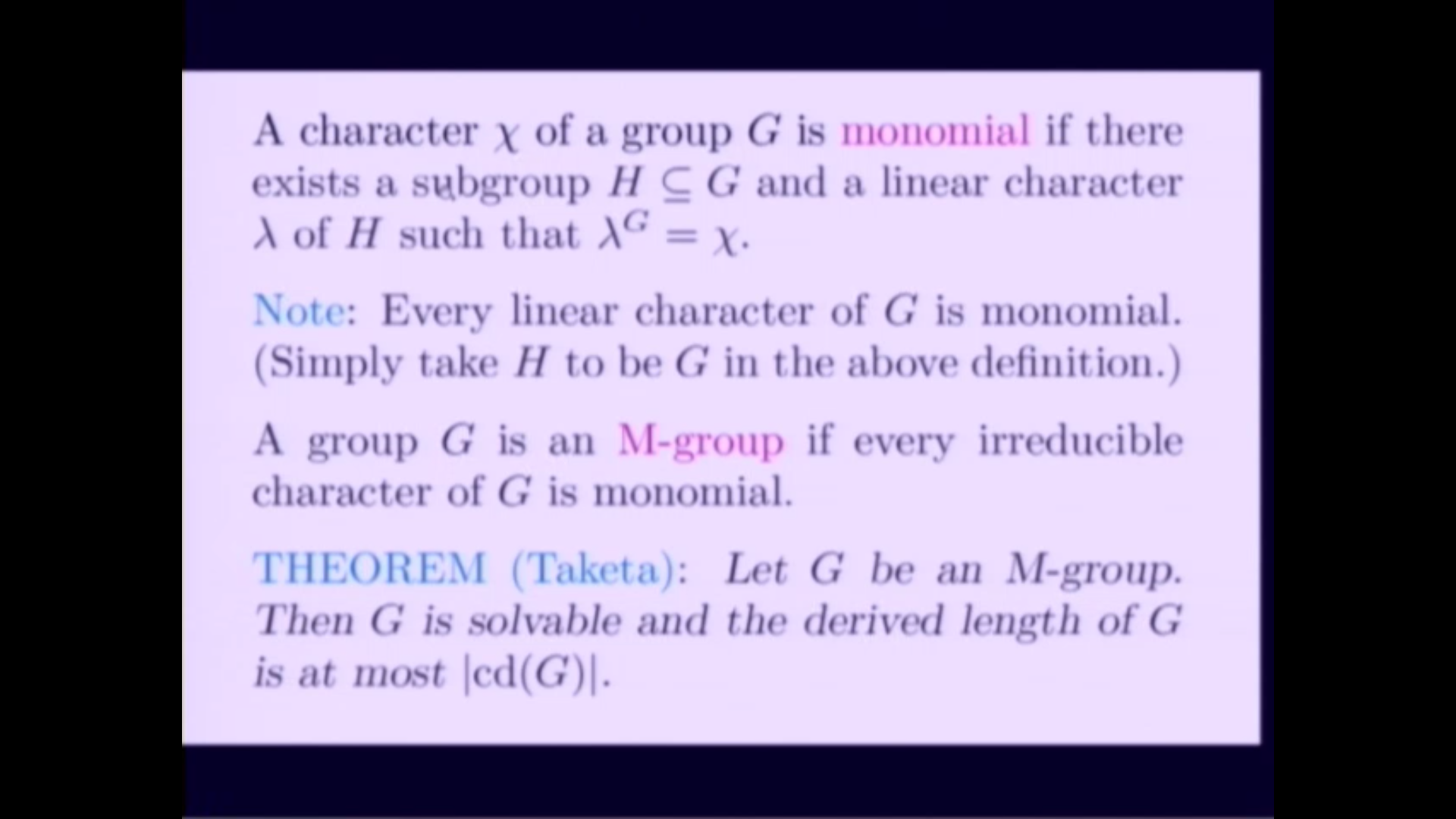 An Introduction To Character Theory And The McKay Conjecture, lecture 13 Thumbnail